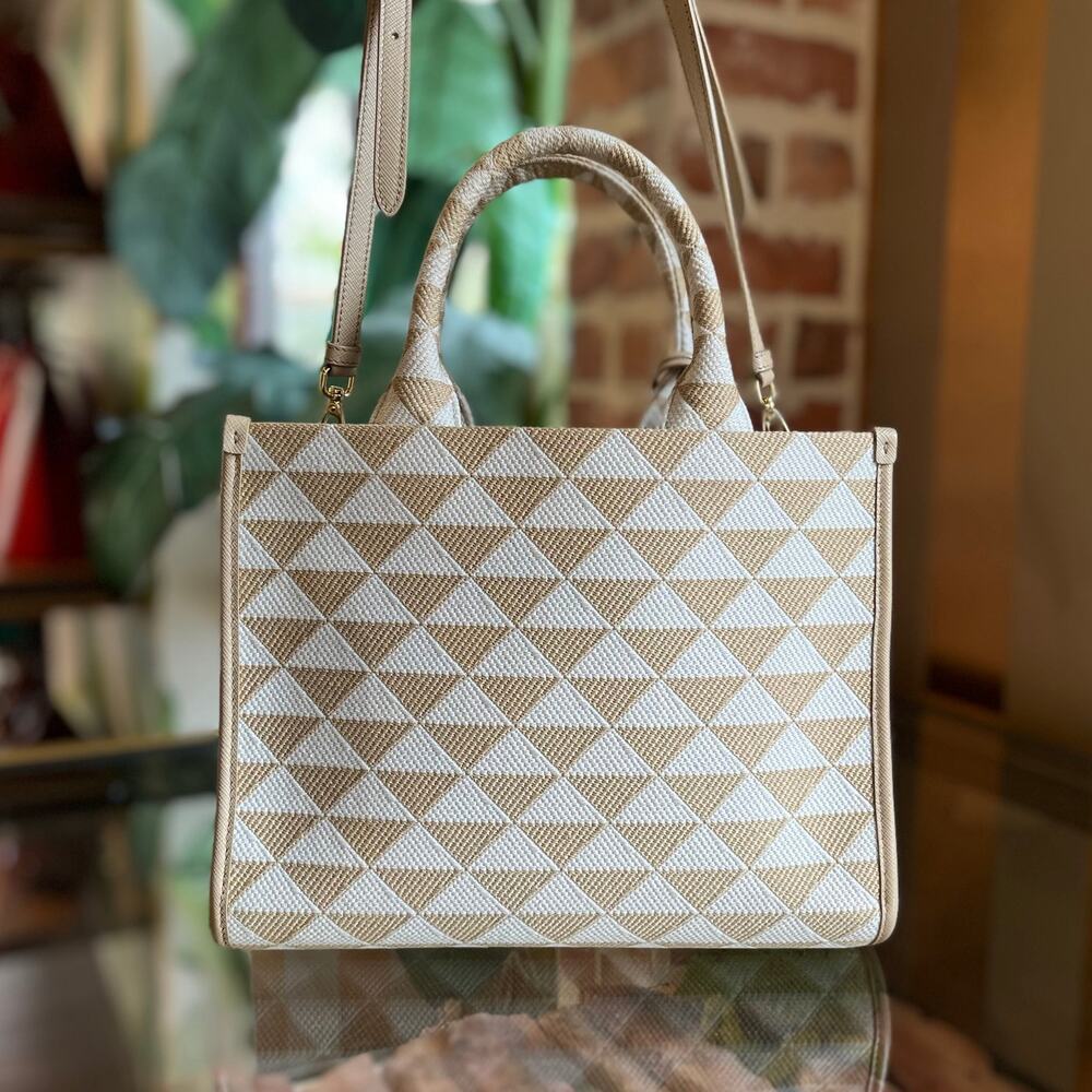 PRADA Symbole Shopper Small Beige Jacquard Tote - Picture 2 of 9